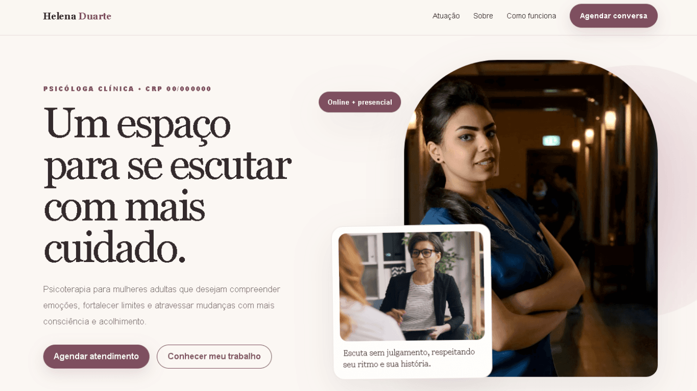 Versão desktop do projeto Modelo Psicóloga — Acolhedor