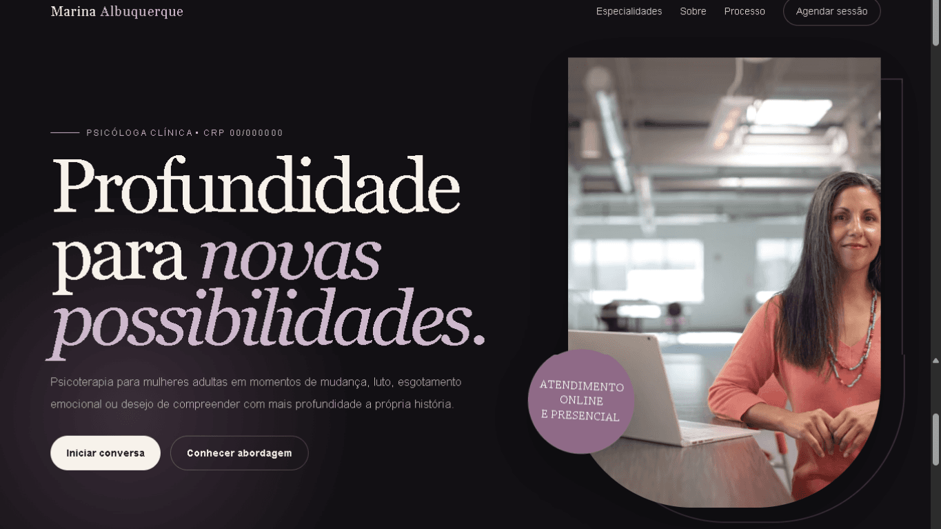 Versão desktop do projeto Modelo Psicóloga — Contemporâneo